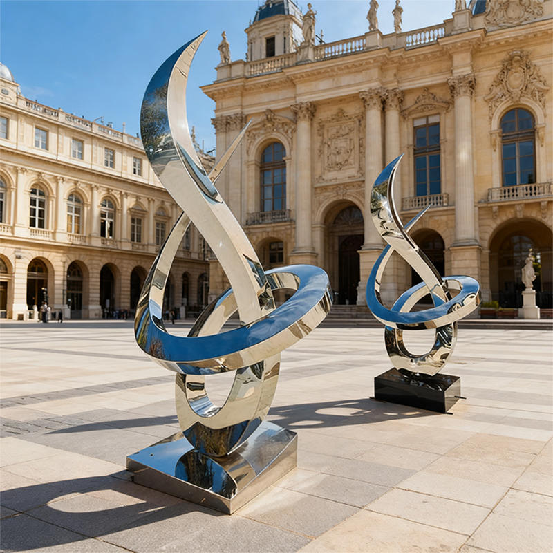 Modrá a stříbrná zjednodušená kovová socha